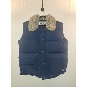 Vintage Gerry Women Down Filled Puffer Vest Blue Faux Fur Collar Cozy Size L